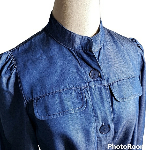 Massimo Dutti Shirt Dress 3/4 Sleeves Mockneck Minimalist Lyocell Chambray Midi - Picture 9 of 16